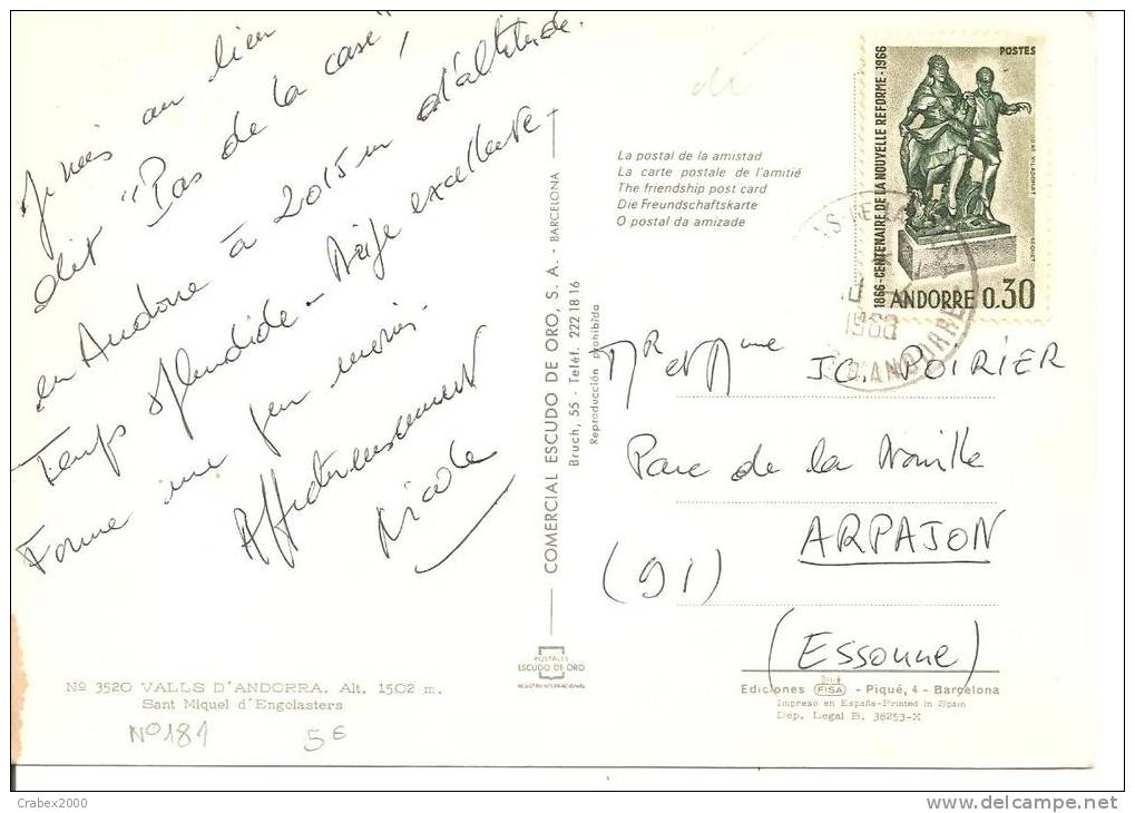 N°Y&T 181    ANDORRE       Vers   ARPAJON  Le   1968 - Briefe U. Dokumente