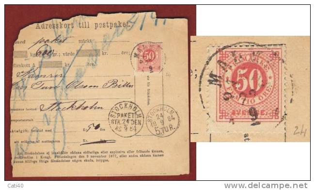 SVEZIA 1884 - RICEVUTA POSTALE CON 50 O. ISOLATO ANNULLATO MALMO 18/9/84 - 1872-1891 Ringtyp