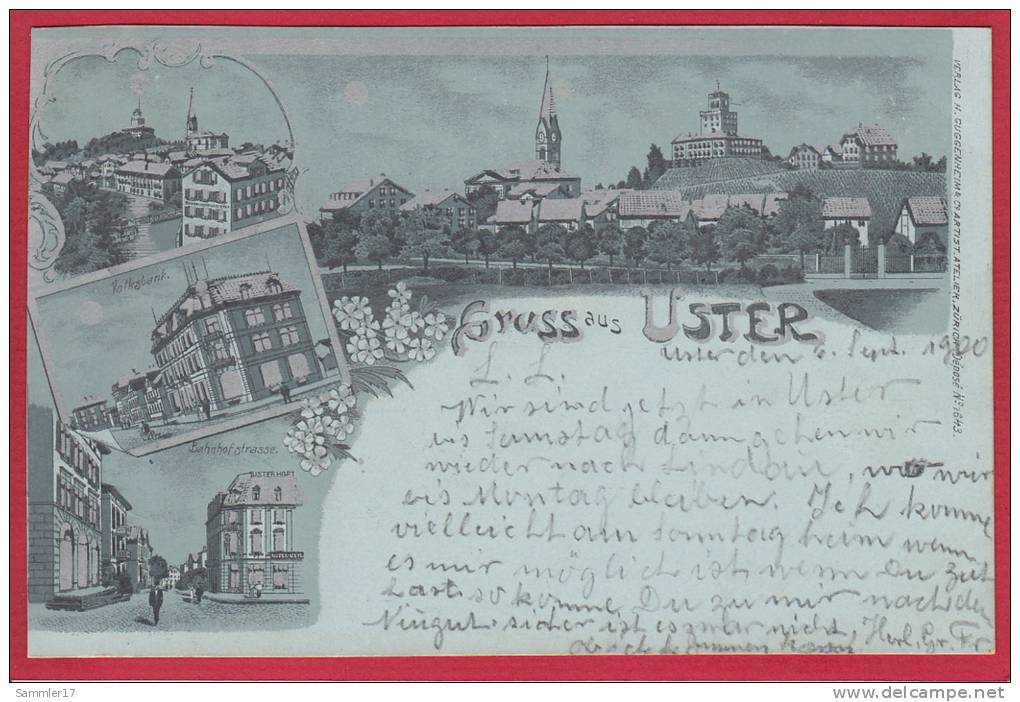 USTER BEI NACHT, MONDSCHEIN-LITHO 1900 - Uster