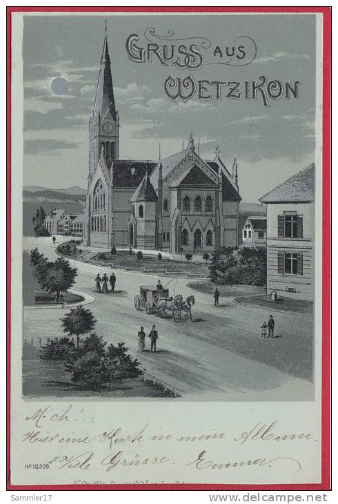 WETZIKON BEI NACHT, MONDSCHEIN-LITHO 1899 - Wetzikon