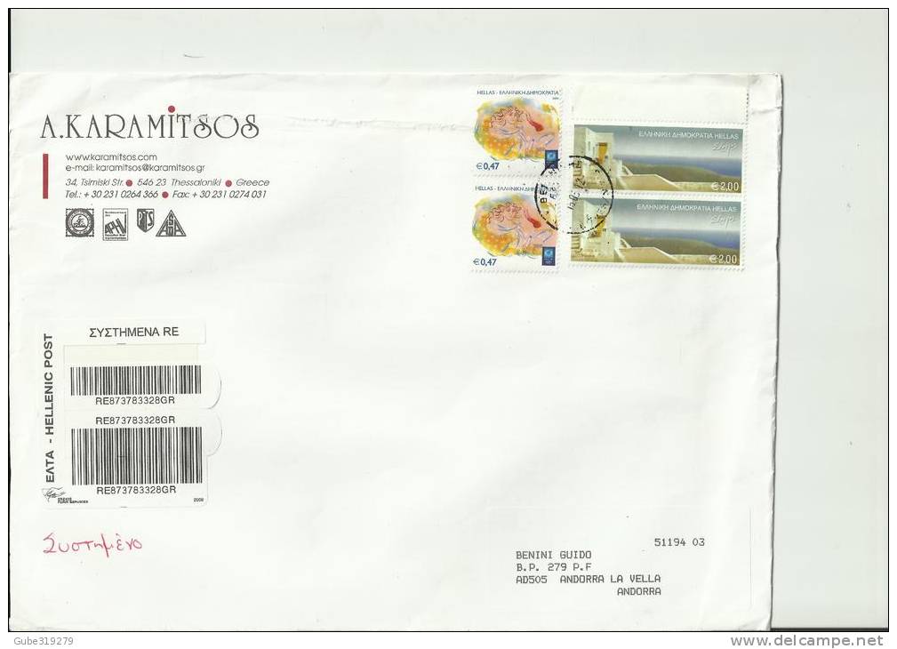 GREECE 2012–LARGE COVER REGISTERED FROM GREECE TO ANDORRA W 4 STS- 2 OF € 0,47( OLYMPICS)- 2 OF € 2.00 (SERIFOS ISLAND) - Covers & Documents