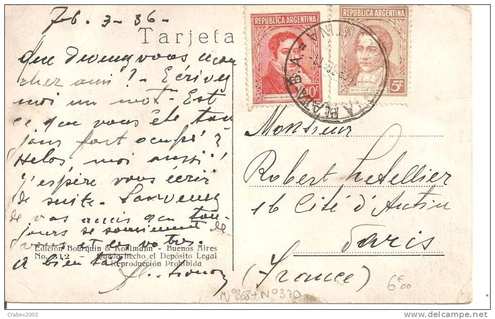 N°Y&T 368+370   LA PLATA  Vers   FRANCE     Le   06 MARS1936 - Lettres & Documents