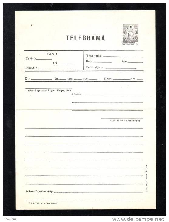 TELEGRAM 1973,ENTIER POSTAL UNUSED  ROMANIA. - Télégraphes