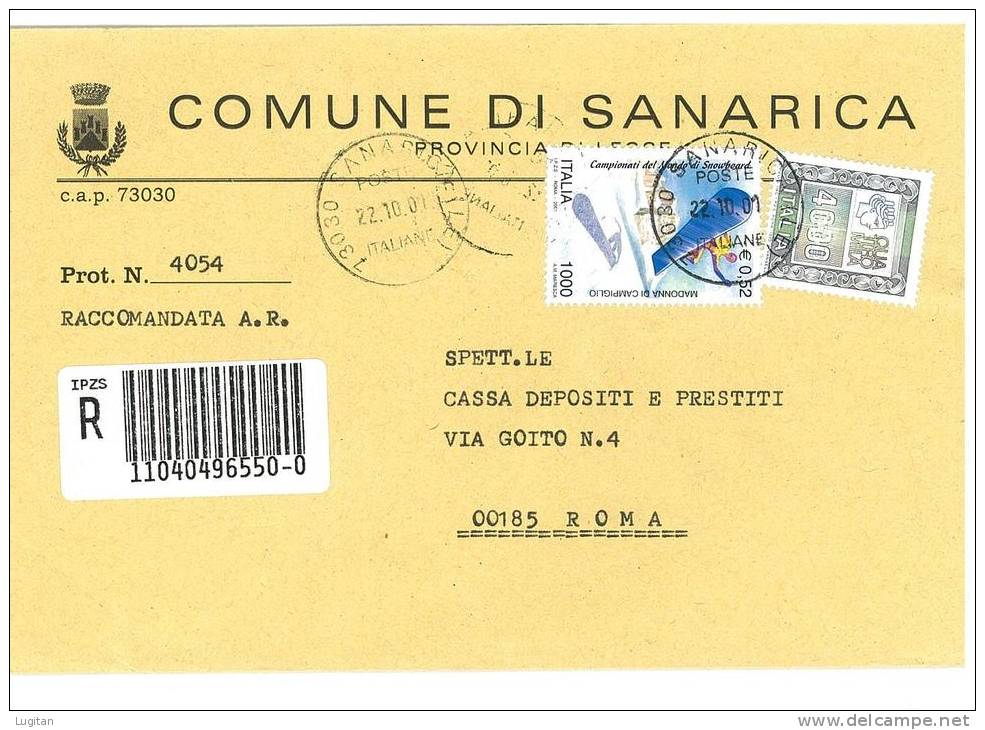 SANARICA  73030  PROV.  LECCE  - ANNO 2001  -  R   -TEMATICA COMUNI D'ITALIA - STORIA POSTALE - Macchine Per Obliterare (EMA)