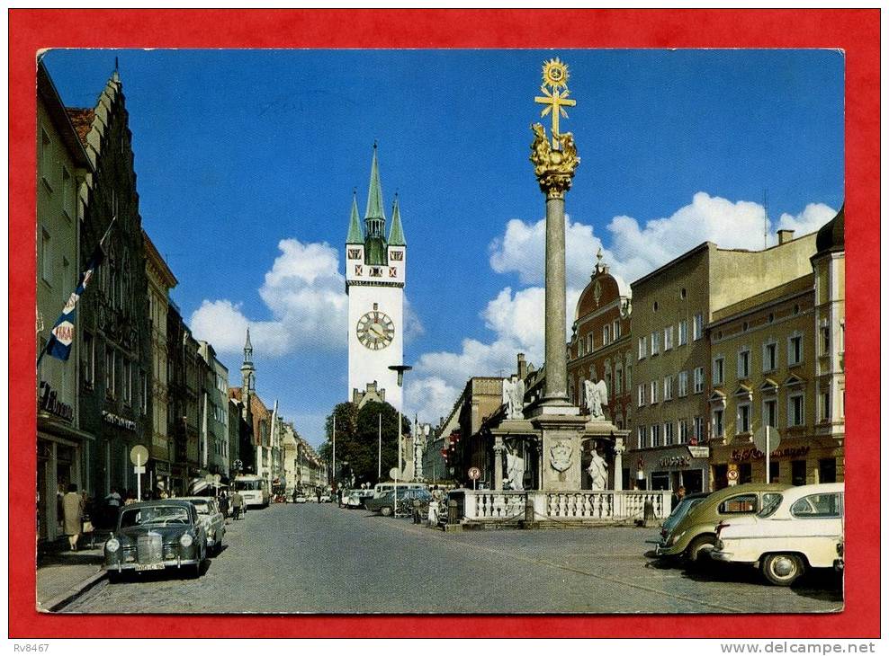 * ALLEMAGNE-STRAUBING-Danau -Theresienplatz  Mit Stadtturm U. Dreifaltigkeits-Säule-1968(2 TIMBRES,Automobiles) - Straubing