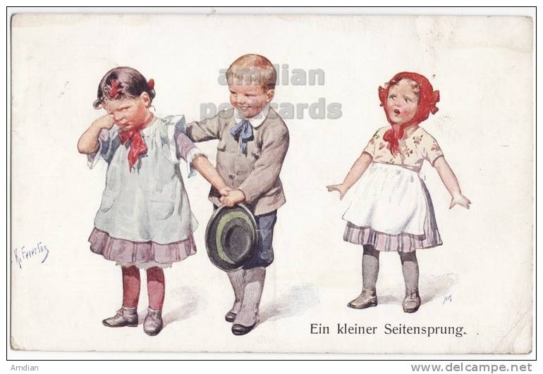 K.FEIERTAG~A SMALL INFIDELITY~CHILDREN LOVE~1912 ARTIST SIGNED Postcard~B.K.W.I.  [c4545] - Feiertag, Karl