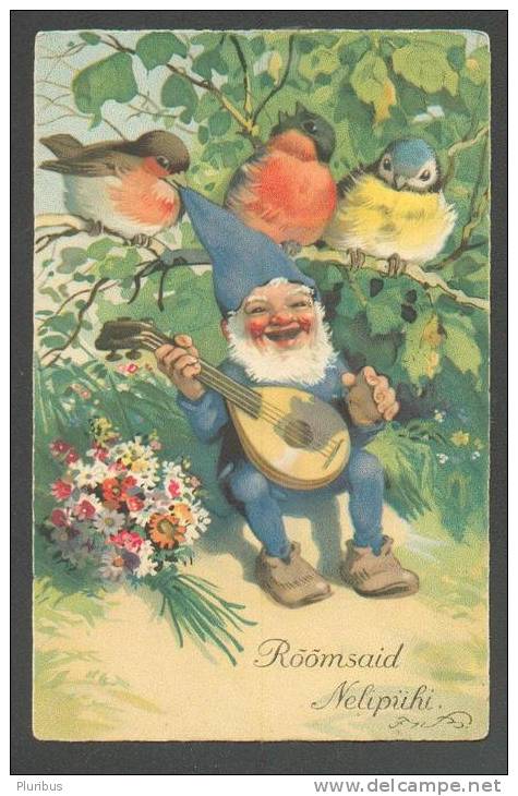 GNOOM  DWARF  PLAYING  MANDOLINE  , BIRDS  SINGING ,  BAUMGARTEN  , OLD POSTCARD MEISSNER BUCH - Baumgarten, F.