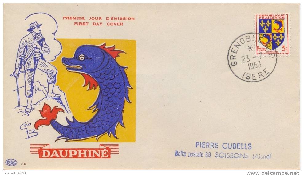 France 1953 FDC Arms Dauphiné 3 F. +  On Back Champagne 2 F. - Briefe U. Dokumente