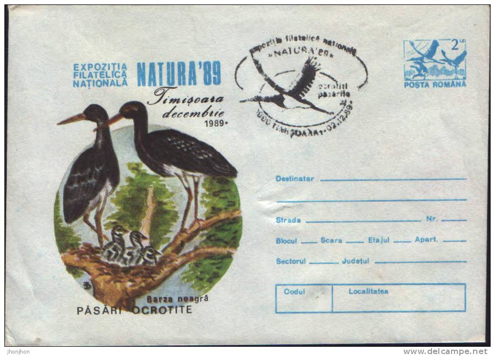 Romania-Postal Stationery Envelope 1989- Black Stork;cigogne Noire;Schwarzstorch - Storks & Long-legged Wading Birds