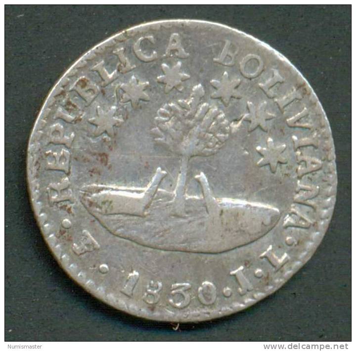 BOLIVIA , 1/2 SOL 1830 PTS - I L , SILVER UNCLEANED COIN - Bolivia