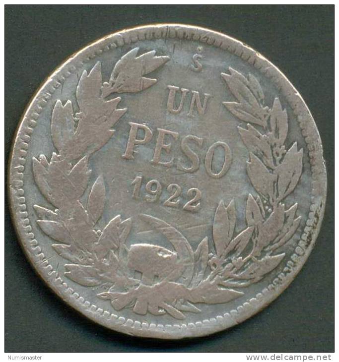CHILE 1 PESO 1922 , SILVER COIN - Cile