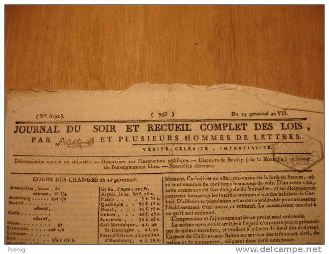 JOURNAL DU SOIR Du 8 AVRIL 1799 - INSTRUCTION PUBLIQUE - DISCOURS BOULEY ENSEIGNEMENT LIBRE - MARINE FRANCE DANEMARK - Giornali - Ante 1800