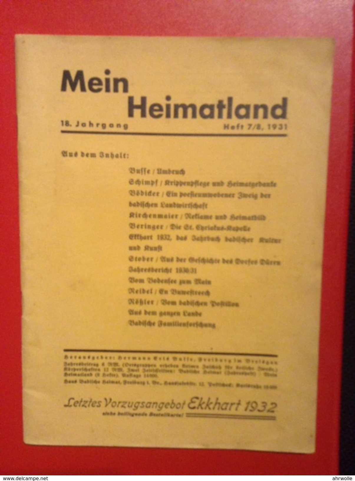 Heft Mein Heimatland 1931 Badische Blätter Volkskunde Freiburg Heft 7/8 - Sonstige & Ohne Zuordnung