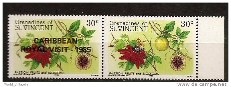 Saint Vincent Grenadines 1985 N° 420 + Surch ** Fleurs, Fruits, Fruit De La Passion, Surcharge, Visite Royale, Caraibes - St.Vincent & Grenadines