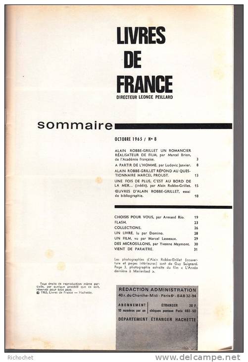 Livres De France - Revue Littéraire Mensuelle - N° 8 - Octobre 1965 - Altri & Non Classificati