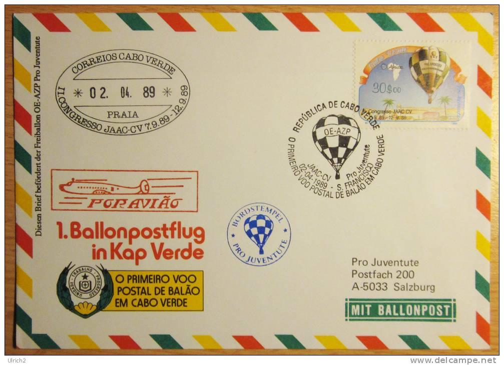 Pro Juventute Sonder-Ballonpost Nr. 38 (1989; Kap Verdische Inseln) - Per Palloni