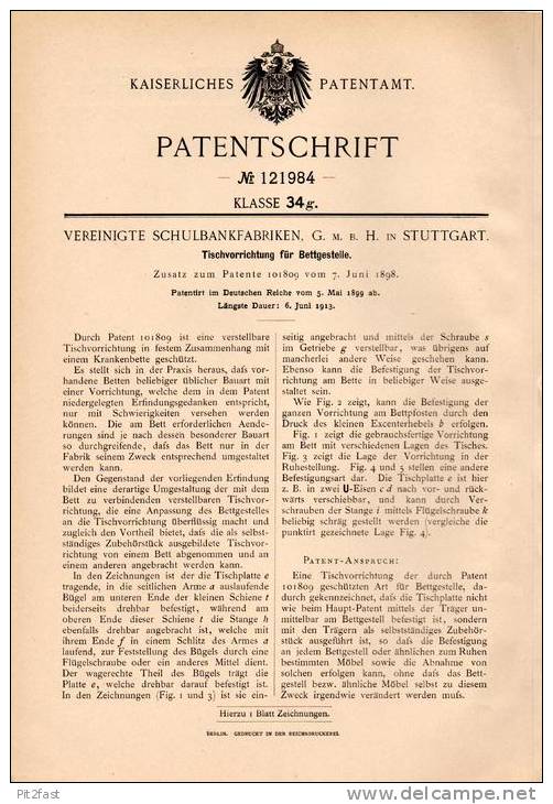 Original Patentschrift - Vereinigte Schulbankfabrik GmbH In Stuttgart , 1899 , Tischvorrichtung Für Bettgestelle !!! - Andere & Zonder Classificatie