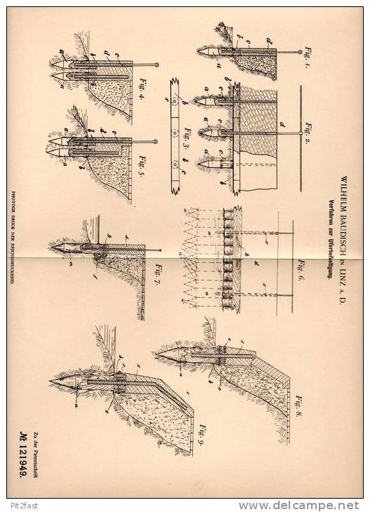 Original Patentschrift - W. Baudisch In Linz A.D., 1899 , Uferbefestigung , Ufer , Fluss , Teich , See , Meer !!! - Arquitectura