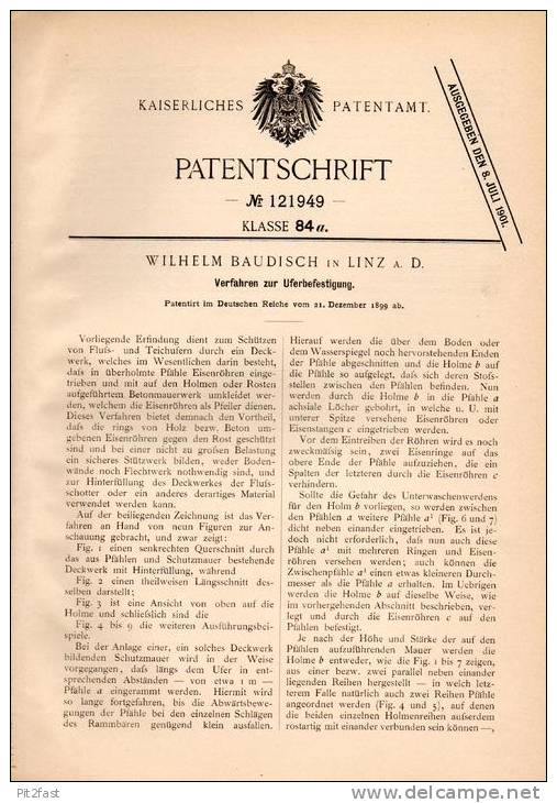 Original Patentschrift - W. Baudisch In Linz A.D., 1899 , Uferbefestigung , Ufer , Fluss , Teich , See , Meer !!! - Arquitectura