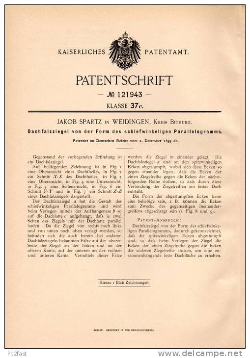 Original Patentschrift - J. Spartz In Weidingen , Kr. Bitburg , 1899 , Dachfalzziegel , Dachziegel , Dachdecker , Dach ! - Architektur