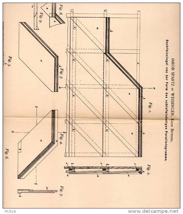 Original Patentschrift - J. Spartz In Weidingen , Kr. Bitburg , 1899 , Dachfalzziegel , Dachziegel , Dachdecker , Dach ! - Architecture