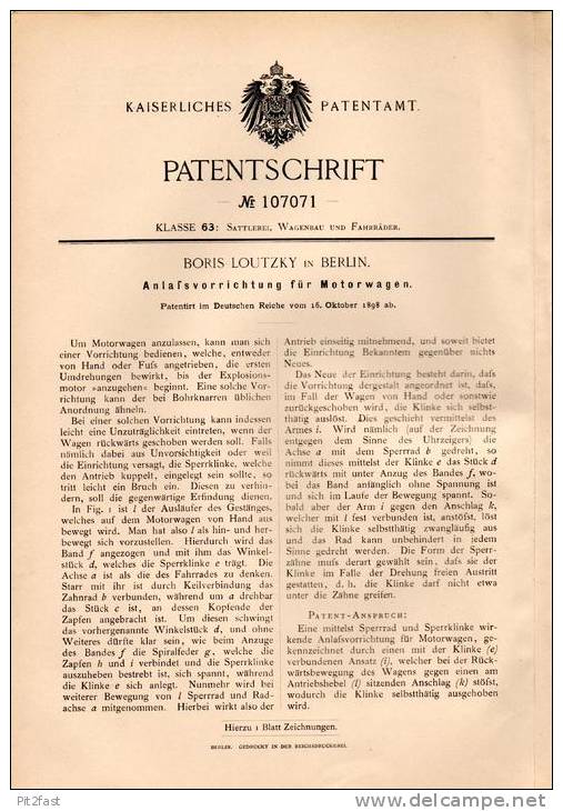 Original Patentschrift - Boris Loutzky In Berlin , 1898 , Anlasser Für Motorwagen , Automobile !!! - Cars