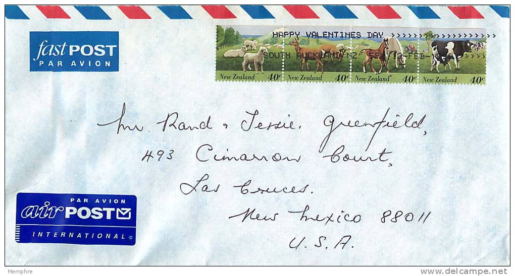 40 C Animals Strip Of 4  - Sheep, Deer, Horses, Cows On Air Letter To USA - Storia Postale