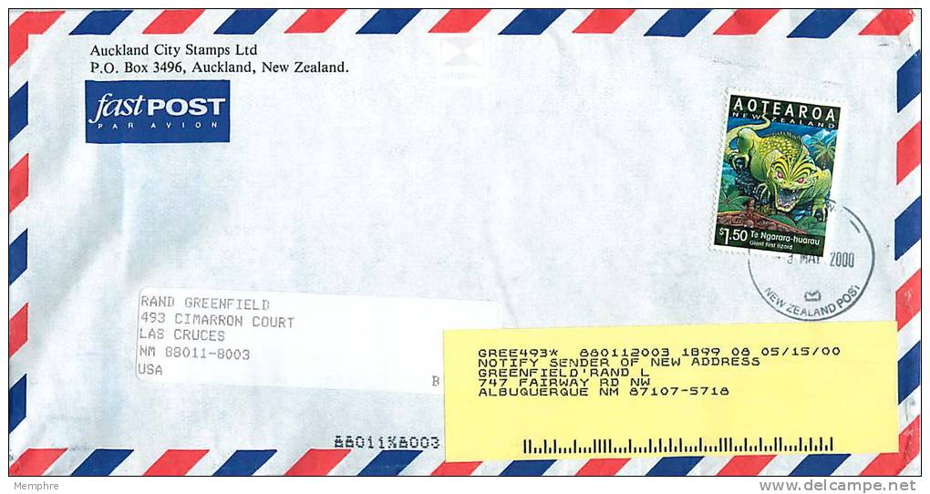 $1.50 Aotearoa Giant First Lizard   Single On Redirected  Air Letter To USA - Briefe U. Dokumente