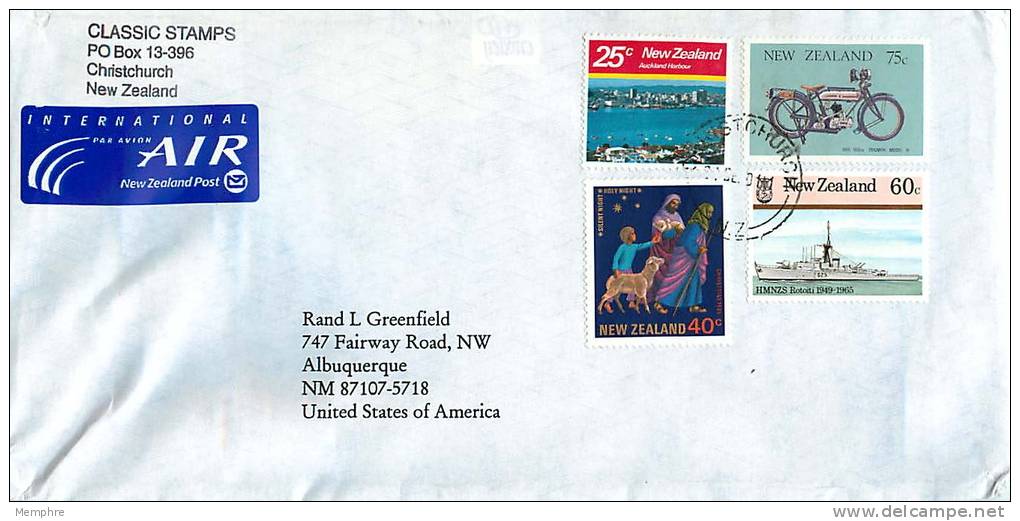 75 C Motorcycle, 60 C HMNZS Rotoiti, 40 C Christmas, 25 C Auckland Harbour  On Air Letter To USA - Storia Postale