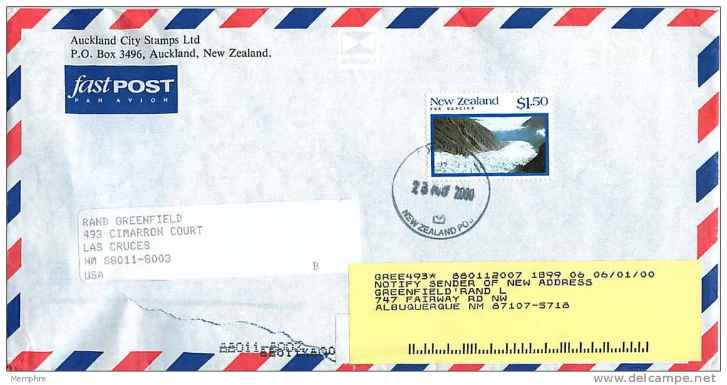 $1.50  Fox Glacier Single  On Redirected Air Letter To USA - Brieven En Documenten