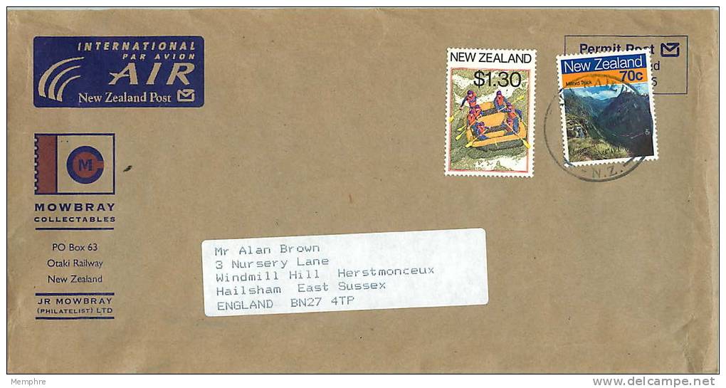 $1.30  White River Rafting, 70 C Milford Track  On Air Letter To UK - Storia Postale
