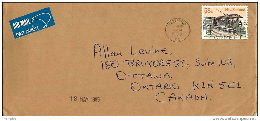 58 C Christchurch Tramway   Single     On Air Letter To Canada - Lettres & Documents