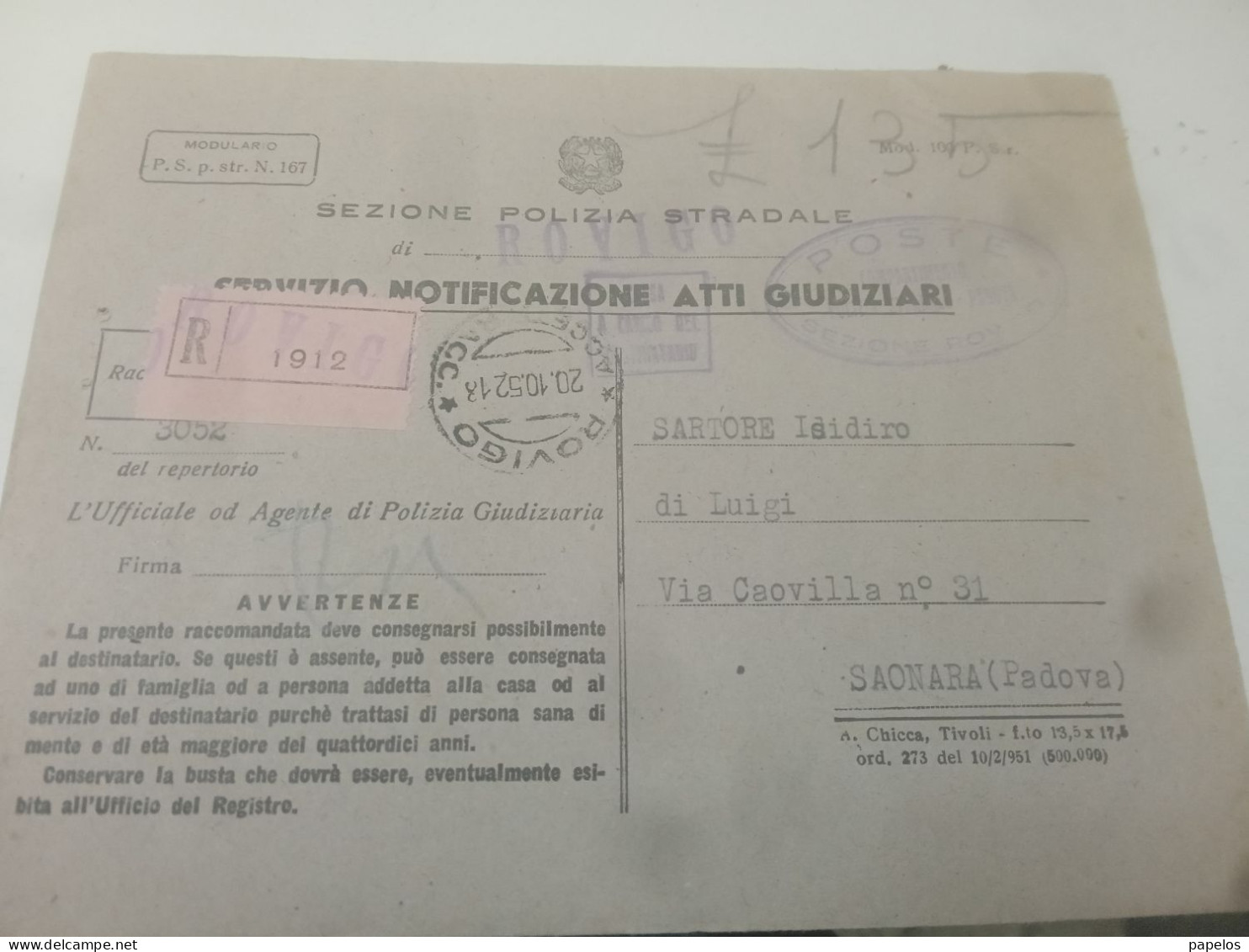 1952  LETTERA RACCOMANDATA CON ANNULLO SAONARA    PADOVA - Impuestos