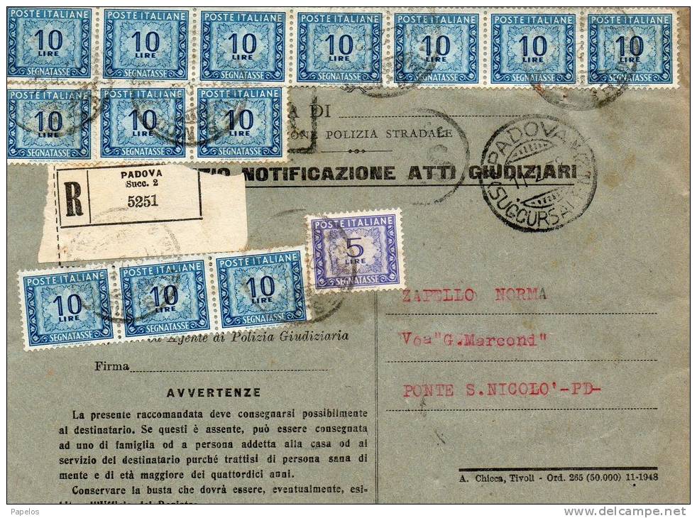 1952  LETTERA RACCOMANDATA CON ANNULLO   PADOVA SUCC 2 - Impuestos