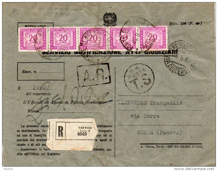 1951  LETTERA RACCOMANDATA CON ANNULLO TREVISO - Impuestos