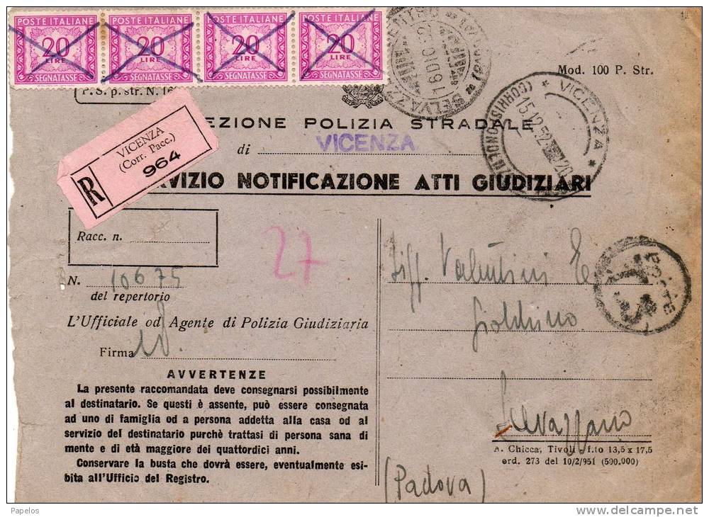 1952  LETTERA RACCOMANDATA CON ANNULLO   VICENZA - Postage Due