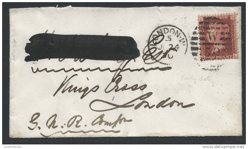 Penny Red Looks Like Plate 138 On Envelope Postmarked London WC  Ju 24 1870 Roughly Opened - Covers & Documents