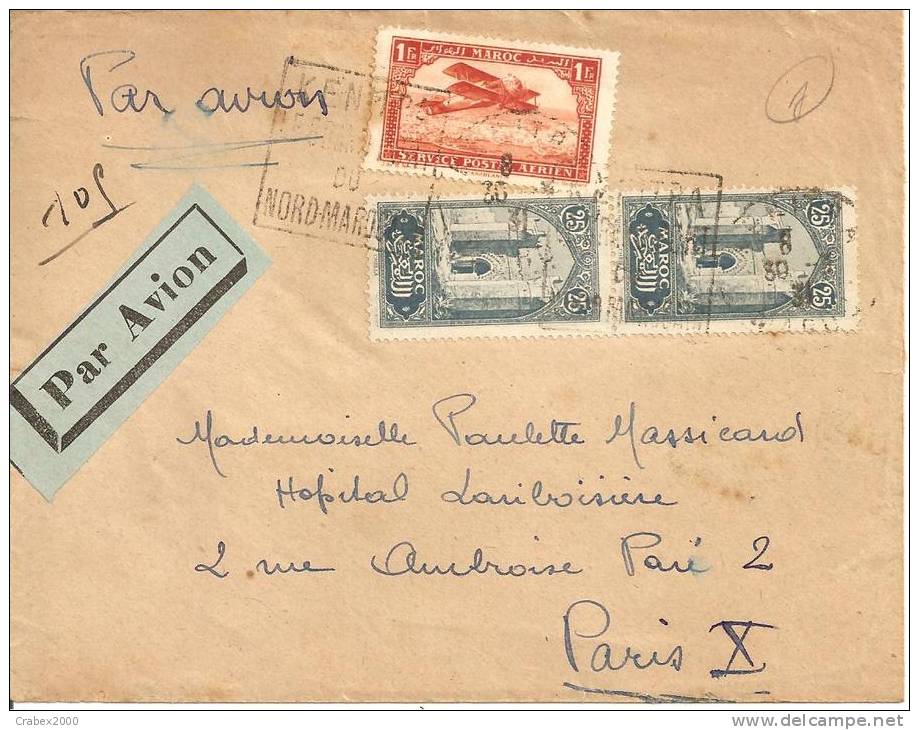 N°Y&T PA 07+70X2   KENITRA     Vers PARIS  Le   1931 - Lettres & Documents