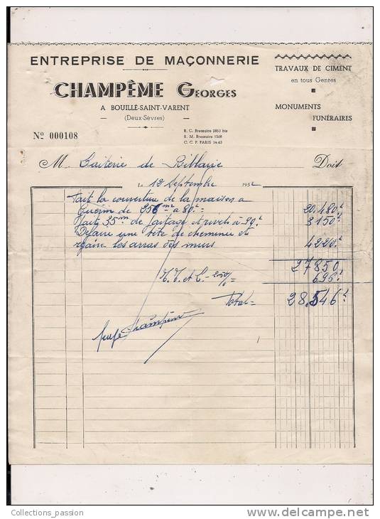 ###Facture De La Maçonnerie Champême à St Varent (2 Sèvres) Pour La Laiterie De Riblaire, Le 12/09/1952 - Ambachten