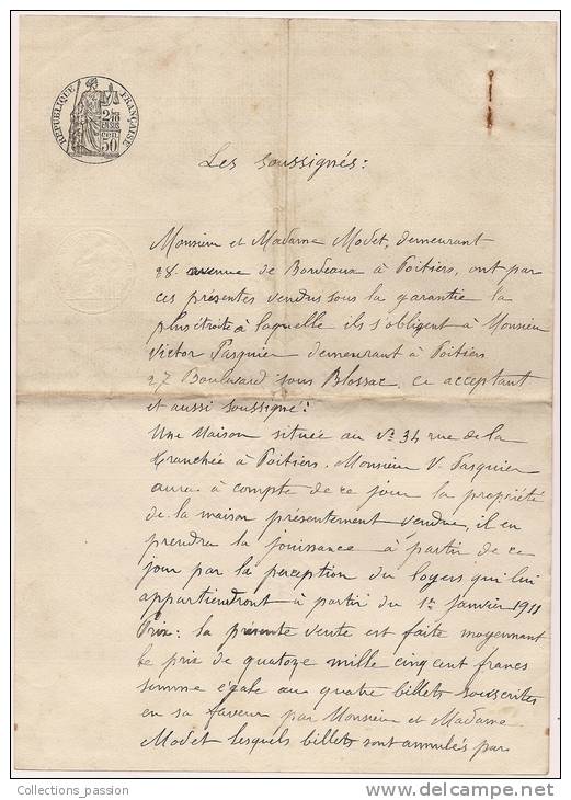 ###Acte Notarial Entre Mr & Mme Modet De Poitiers Et Mr Victor Pasquier De Poitiers (Vienne) Le 09/01/1911 - Gebührenstempel, Impoststempel