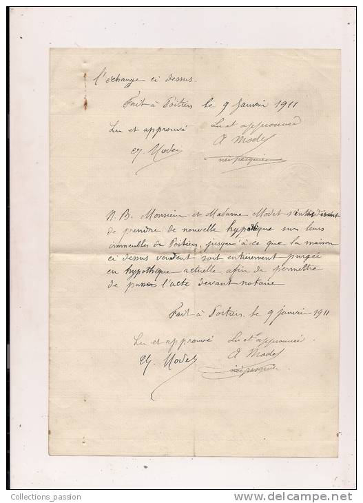 ###Acte Notarial Entre Mr & Mme Modet De Poitiers Et Mr Victor Pasquier De Poitiers (Vienne) Le 09/01/1911 - Algemene Zegels