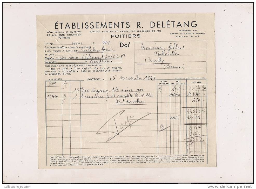 ###Facture Des Ets Delétang, Métallerie à Poitiers Pour Mr Gilbert, Ferblantier à Ouzilly (Vienne), Le 15/11/1949 - Straßenhandel Und Kleingewerbe