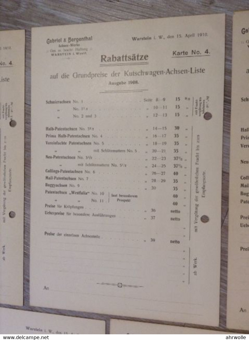 5 Karten Rabattsätze Achsen-Werke Warstein Sauerland Gabriel & Bergenthal Ausgabe 1908 April 1910 Kutschwagen - Verzamelingen