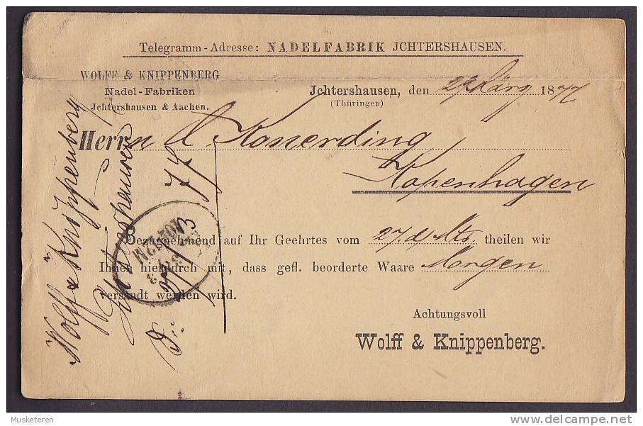 Deutsche Reichpost NADELFABRIK JCHTERHAUSEN 1872 Postkarte To KOPENHAGEN Dänemark Denmark (2 Scans) - Lettres & Documents