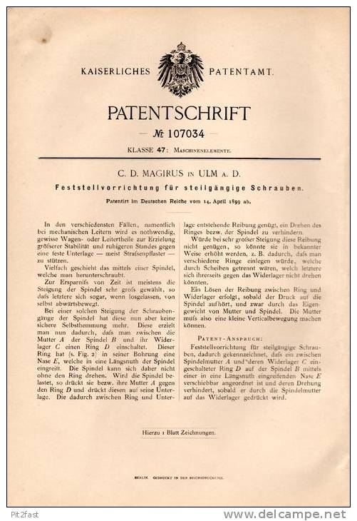 Original Patentschrift - C.D. Magirus In Ulm A.D., 1899 , Feststellvorrichtung Für Schrauben !!! - Tractors