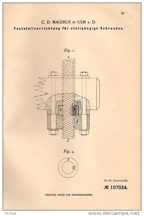 Original Patentschrift - C.D. Magirus In Ulm A.D., 1899 , Feststellvorrichtung Für Schrauben !!! - Traktoren