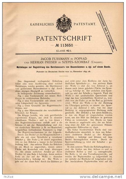 Original Patentschrift - H. Preiser In Poprád Und Szepes - Szombat , Ungarn , 1899 , Meßkluppe Für Baumstämme , Forst !! - Antike Werkzeuge