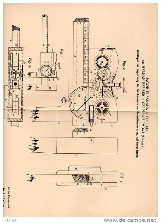 Original Patentschrift - H. Preiser In Poprád Und Szepes - Szombat , Ungarn , 1899 , Meßkluppe Für Baumstämme , Forst !! - Antike Werkzeuge