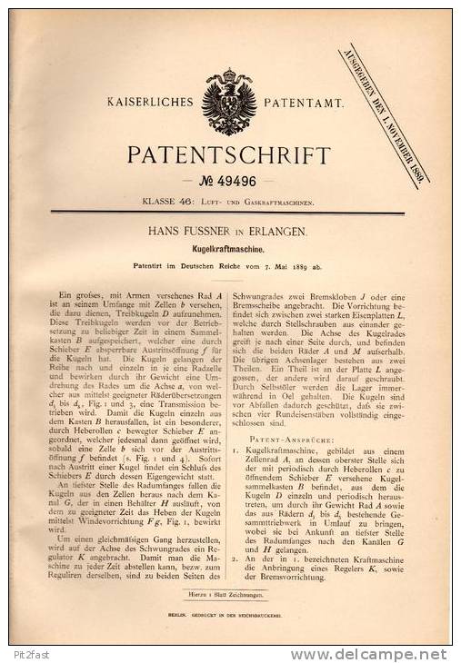 Original Patentschrift - H. Fussner In Erlangen , 1889 , Kugelkraftmaschine !!! - Máquinas