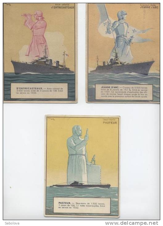 3 Cartes Militaria Bateaux  De Guerre Jeanne D'arc Sous Marin Pasteur Et Entrecasteaux Ill Paul IGETZ 1942 - Manoeuvres